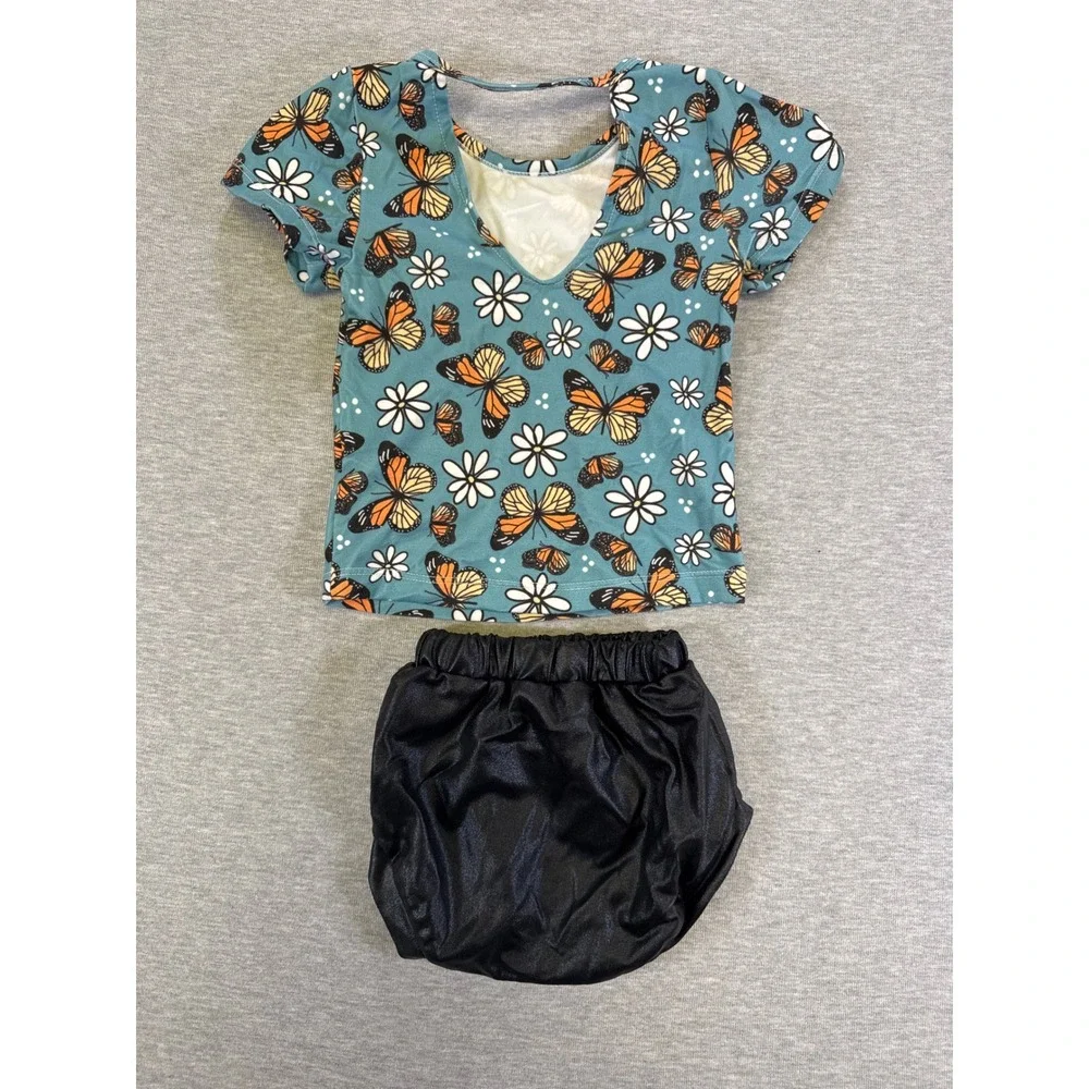 Infant Toddler Butterfly Floral‎ Top and Black Bummies 2 Piece Set Teal